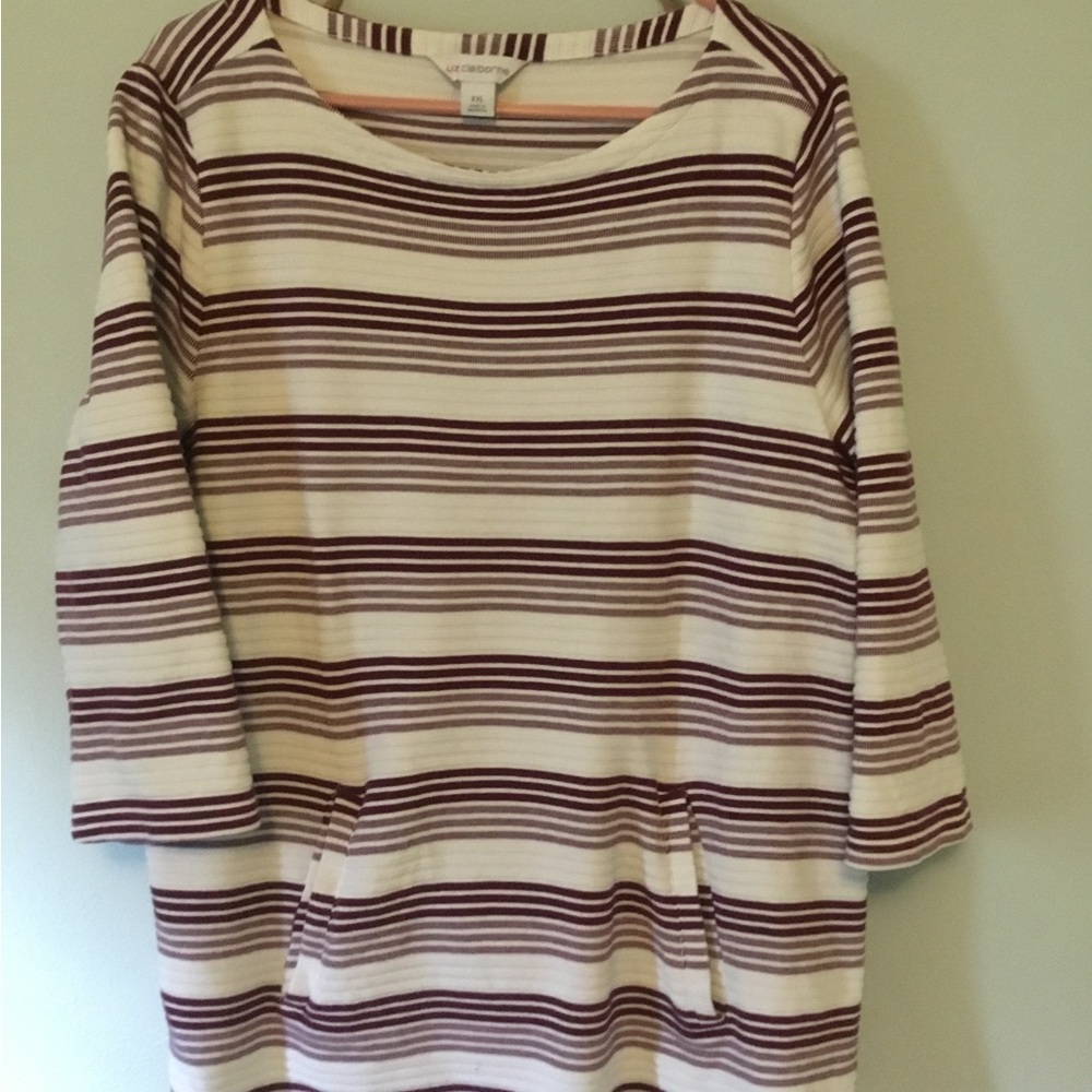 Liz Claiborne Cream and Burgundy Striped Tunic Top
